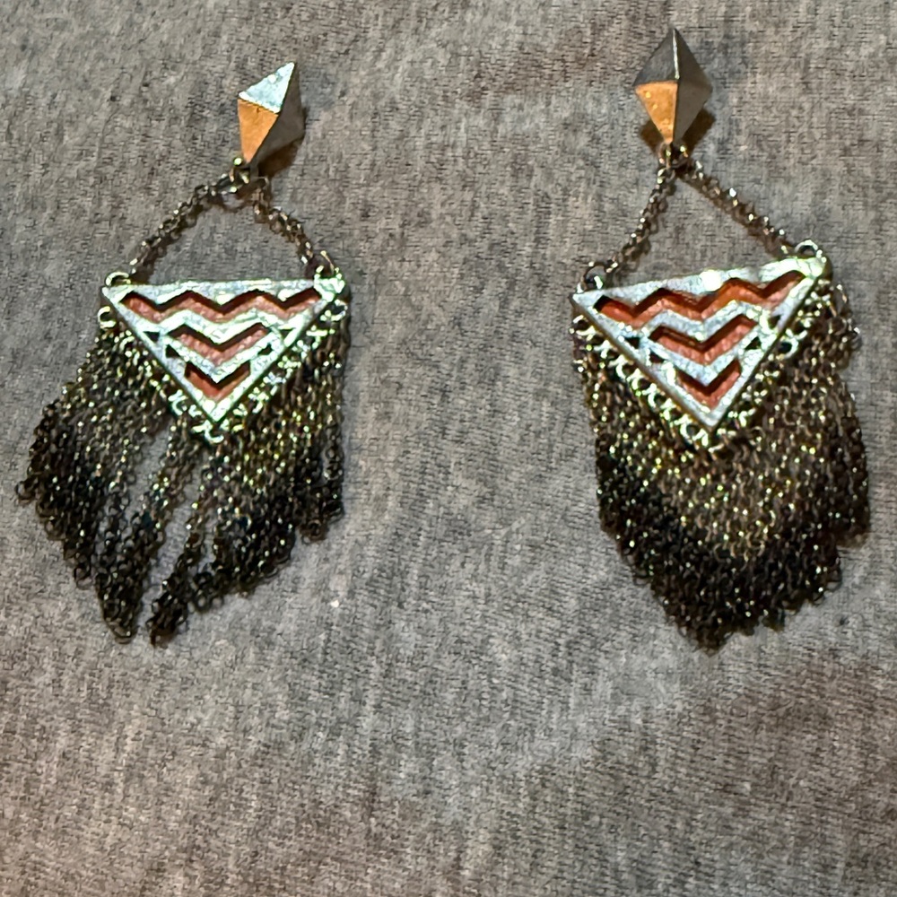 Geometric Silver and Gold Chain Earrings - Picture 4 of 4
